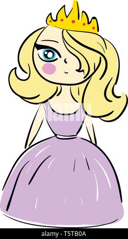 Cartoon von der Prinzessin in der violetten Kleid mit langen blonden Haaren und goldene Krone Vector Illustration auf weißem Hintergrund Stock Vektor