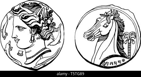 Ein Bild, das zeigt beide Seiten einer Münze. Die Front hat Büste eines Kaisers und der Rücken hat Pferd Büste, vintage Strichzeichnung oder Gravur Abbildung Stock Vektor