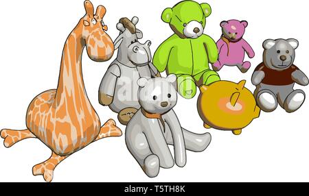Verschiedene Stofftier Tiere Vector Illustration auf weißem Hintergrund Stock Vektor
