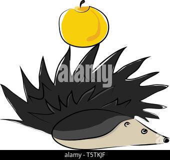 Süße kleine cartoon Igel mit einer gelben Farbe Apple auf der Wirbelsäule stecken liegt in den Waldboden vector Farbe, Zeichnung oder Abbildung Stock Vektor