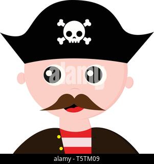 Ein schöner suchen Piraten in einem braunen Mantel mit gelben Tasten über sein rotes Hemd mit weißen Längsstreifen gekleidet hat einen langen Schnurrbart und trägt Stock Vektor