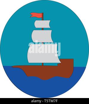 Einfache Karikatur von einem Segelschiff auf blauem Wasser Vector Illustration im blauen Kreis auf weißem Hintergrund Stock Vektor