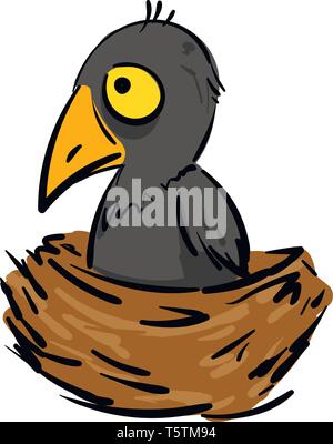 Cartoon von eine kleine graue Krähe in ein braunes Nest Stock Vektor