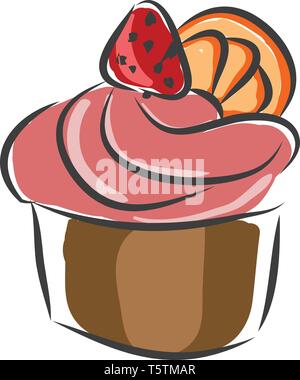 Cupcake mit Rosa creame und eine Erdbeere auf Vector Illustration auf weißem Hintergrund Stock Vektor