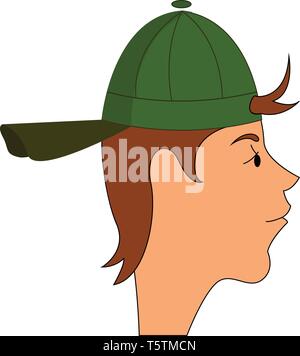 Seite portraite der ein Junge mit einem grünen Hut Vector Illustration auf weißem Hintergrund Stock Vektor