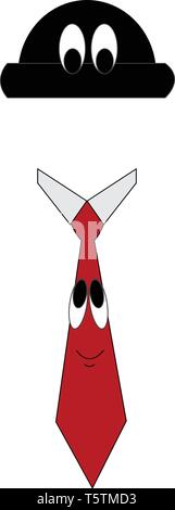 Karikatur von einem schwarzen Hut auf einem lächelnden rote Krawatte Vector Illustration auf weißem Hintergrund Stock Vektor