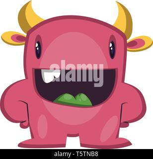Lächelnd Cartoon Monster pink mit gelben Hörnern weißen Hintergrund Vector Illustration. Stock Vektor