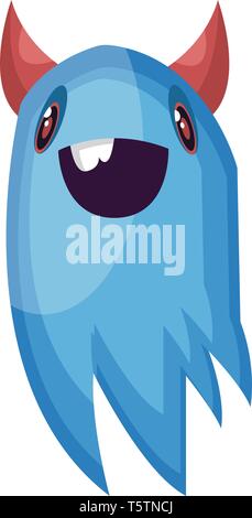 Happy blue Ghost cartoon Charakter mit einem großen Lächeln und roten Hörnern weißen Hintergrund Vector Illustration. Stock Vektor