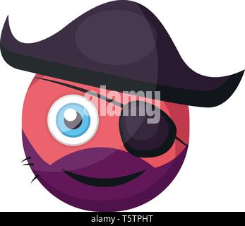 Runde emoji rosa Pirat mit Augenklappe und piratenhut Vector Illustration auf weißem Hintergrund Stock Vektor