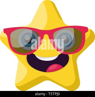 Niedliche gelbe Stern emoji mit rosa Sonnenbrille Vector Illustration auf weißem Hintergrund Stock Vektor