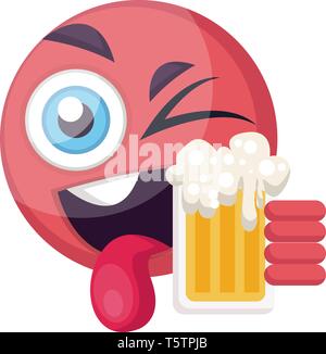 Runde rosa Happy emoji Gesicht Holding ein Bier Vector Illustration auf weißem Hintergrund Stock Vektor