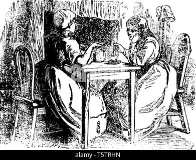 Eine Szene aus der Geschichte Anne Lisbeth dieser Szene zeigt zwei Frauen sitzen auf Stühlen mit Tisch, zwischen Ihnen und der Diskussion etwas und eine Tasse gehalten Stock Vektor