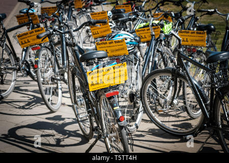Berlin, Deutschland - April 2019: Gruppe von-Berlin on Bike - Fahrräder auf Stree zum Mieten für Besichtigungen Stockfoto