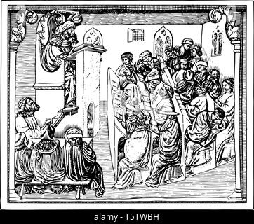 Universität Publikum im fünfzehnten Jahrhundert 15. Jahrhundert Studenten Universität vintage Strichzeichnung oder Gravur Abbildung. Stock Vektor