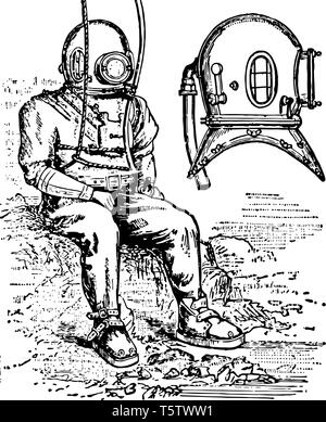 Ein Taucher in Standard tauchen zu kleiden und Tauchen vintage Strichzeichnung oder Gravur Illustration zu Helm Stock Vektor