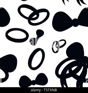 Nahtlose Muster. Schwarze Silhouette. Goldene Hochzeit Ringe mit rosa Schleife. Goldene Schmuck. Flache Abbildung auf weißen Hintergrund. Stock Vektor