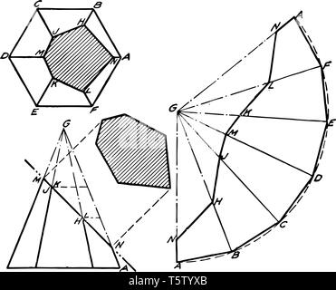 Das Bild zeigt eine erweiterte sechseckige Pyramide. Die Länge der Kanten ist auf derselben Ebene, und schneidet mit der auf dem Perimeter der Basis, vintag Stock Vektor