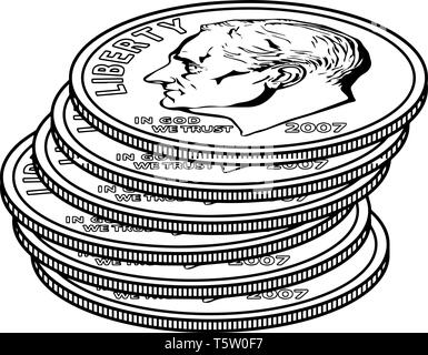 Das Bild zeigt die 6 Groschen Münze. Es ist von John R. Sinnock 1946 konzipiert. Es wird auch als 104 oder 10 Cent. Präsident Franklin Roosevelt war 32. Stock Vektor