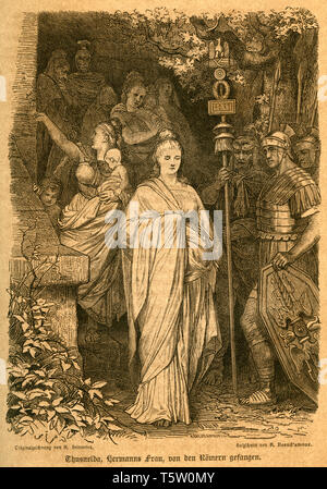 Europa, Deutschland, Niedersachsen, Thusnelda, die Frau von Arminius, von den Römern gefangen, Illustration aus: 'Illustrirte Gallerie berühmter Mä Stockfoto