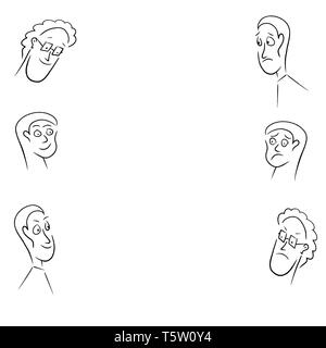 Hand Made drei männliche Gesicht verschiedene Emotionen links und rechts von der Seite skizziert. Stockfoto