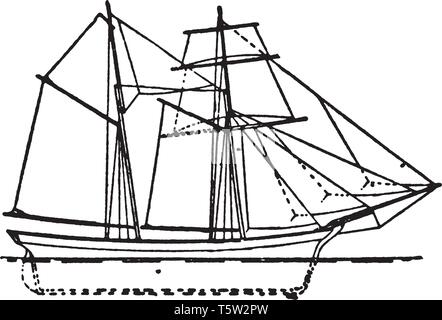 Englisch Schoner ist ein Segelschiff mit zwei oder mehr Masten, die in der Regel mit den fockmast kleiner als die mainmast, vintage Strichzeichnung oder Gravur krank Stock Vektor