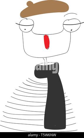 Eine große Augen, der Mann mit der roten Nase, braunen Hut und einem dunklen braunen Schal, Cartoon, Vector, Farbe, Zeichnung oder Abbildung. Stock Vektor