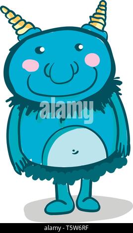 Eine blaue happy Monster mit zwei Hörnern und rosa Wangen, Cartoon, Vector, Farbe, Zeichnung oder Abbildung. Stock Vektor