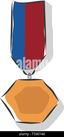 Eine Bronze Medaille Sechseck geformt mit einer blauen und einer roten Schleife zu vector Farbe, Zeichnung oder Abbildung angebracht Stock Vektor