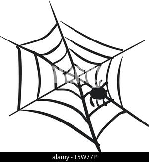 Ein schwarz-weißes Spinnennetz mit einem kleinen Schwarzen Spinne sitzen, vector Farbe, Zeichnung oder Abbildung Stock Vektor