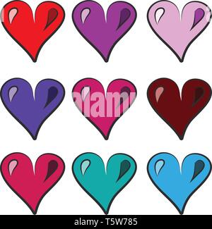 Drei Sätze von Rot Lila blau und rosa Herzen in der Vektor in der Farbe der Zeichnung oder Abbildung angeordnet Stock Vektor