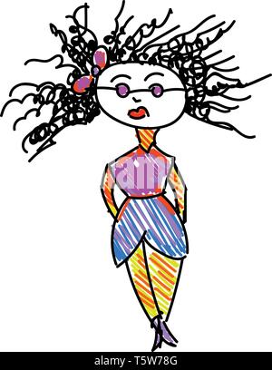 Eine Zeichnung einer Dame mit gelocktem Haar bunte Kleidung lila Sonnenbrille und eine Schleife auf dem Kopf vector Farbe, Zeichnung oder Abbildung Stock Vektor
