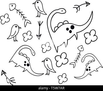 Kindische schwarz und weiß Doodle der Dinosaurier Vögel Fische Skelett Pfeile und Blumen vector Farbe, Zeichnung oder Abbildung Stock Vektor