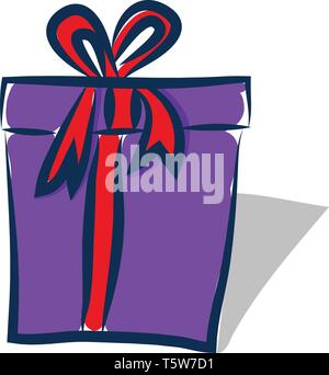 Einen purpurroten Geschenkkarton mit roter Schleife und einem großen Bogen auf der Oberseite vector Farbe, Zeichnung oder Abbildung gewickelt Stock Vektor