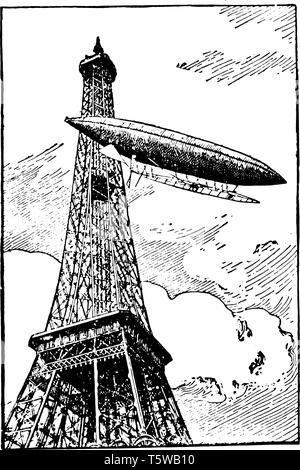 Luftschiff rundet den Eiffelturm in die Luft aus eigener Kraft heben navigieren Sie von großen Gas Taschen vintage Strichzeichnung oder Gravur Lllustrat Stock Vektor