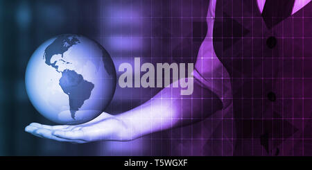 Futuristische Hintergrund mit Geschäftsmann und Weltkugel in Händen Stockfoto
