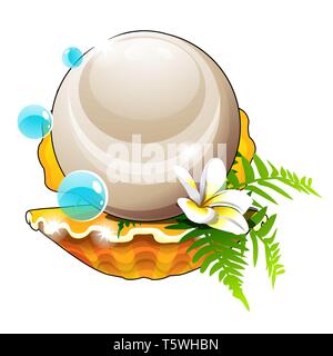 Schöne Anordnung von Muschelschalen, Blume und eine große Perle auf weißem Hintergrund. Vektor cartoon Close-up Abbildung. Stock Vektor