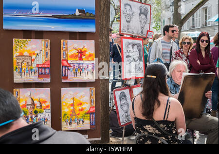 Paris, France - April 2019: Portrait Künstler am Werk in Montmartre Stockfoto