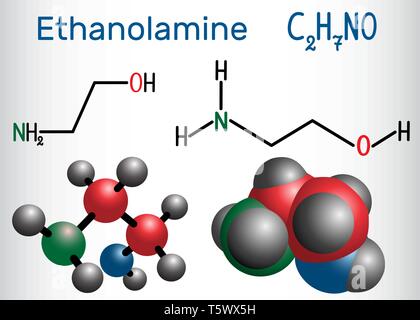 Ethanolamin (ETA oder MEA) Molekül. Es ist eine primäre Amine und primäre Alkohol. Strukturelle chemische Formel und Molekül-Modell. Vector Illustration Stock Vektor