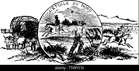 Das Siegel des US-Bundesstaates Minnesota diese Dichtung hat Ochsenkarren auf der linken Seite auf der rechten Seite ein Mann reiten im Zentrum einer amerikanischen Reiten Stock Vektor