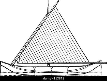 Grundriss der Proa ist ein Segelschiff mit multi Rümpfe, vintage Strichzeichnung oder Gravur Abbildung. Stock Vektor