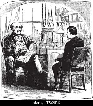 Zwei Männer sitzen auf Stühlen und Diskutieren über Business, vintage Strichzeichnung oder Gravur Abbildung Stock Vektor