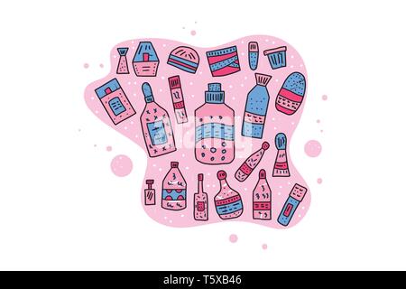 Satz von Schönheit. Hygiene Fläschchen, Röhrchen und Pakete in doodle Stil. Vector Illustration. Stock Vektor