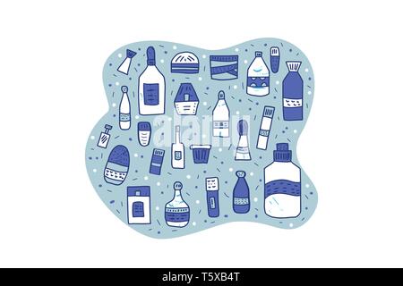 Satz von Schönheit. Hygiene Fläschchen, Röhrchen und Pakete. Vector Illustration. Stock Vektor