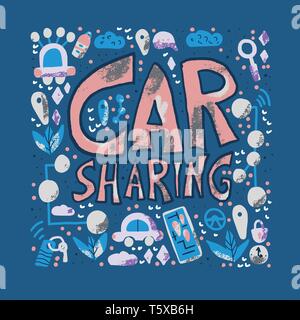Car sharing Card. Hand Schriftzug mit Symbolen. Vektor Konzept Abbildung. Stock Vektor
