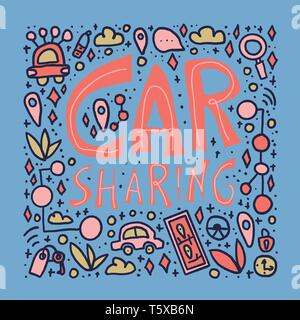 Car sharing Poster. Hand Schriftzug mit Symbolen Banner. Vektor Prinzipdarstellung. Stock Vektor