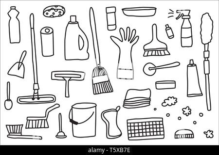 Reinigung von Werkzeugen. Vektor einrichten von Reinigungsgeräten auf weißem Hintergrund. Sammlung von Ordnung und Sauberkeit Symbole in doodle Stil. Schwarz und Weiß des Stock Vektor