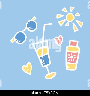 Der Sommer Symbole in doodle Stil. Hand gezeichnet Vektor reise Elemente auf blauem Hintergrund isoliert. Farbe Abbildung. Stock Vektor