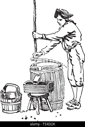 Ein Mann mit hand Getreidemühle, vintage Strichzeichnung oder Gravur Abbildung Stock Vektor
