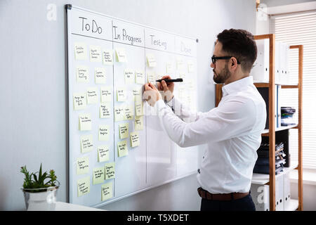 Seitenansicht des Geschäftsmannes Schreiben auf Haftnotizen zu White Board In Office angeschlossen Stockfoto