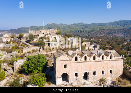 Die Türkei, Fethiye, Kayakoy (Mugla) Ghost Town, eine ehemalige griechische Kolonie und jetzt eine verlassene Stadt und Open Air Museum Stockfoto